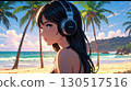 Illustration of a beautiful woman listening to music on the beach 130517516