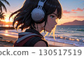 Illustration of a beautiful woman listening to music on the beach 130517519