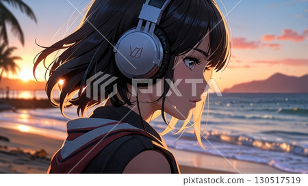 一位美麗女人在海灘上聽音樂的插圖 130517519
