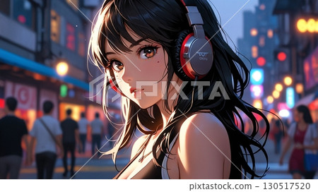 Illustration of a beautiful woman listening to music in Midnight Town 130517520