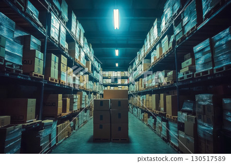 Vast industrial warehouse interior with organized long rows of metal shelves loaded with many stacked cardboard boxes and wrapped goods under cool light. 130517589