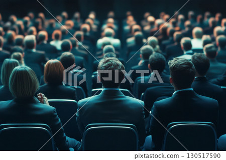Group of business people sitting in rows. Audience attending a corporate conference. Rear view of professionals listening intently in a dark auditorium. 130517590
