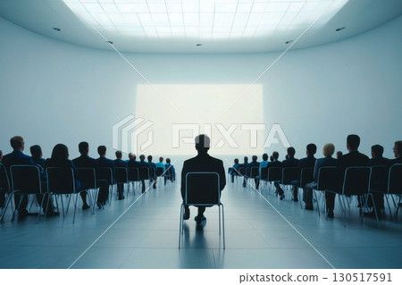 Audience sitting in rows in a modern, minimalist auditorium, facing a large, illuminated blank screen. Business conference, seminar, or corporate event concept. 130517591
