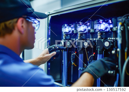 Focused technician in safety glasses working on glowing blue complex electronic system. Maintaining advanced server infrastructure inside an industrial cabinet. 130517592
