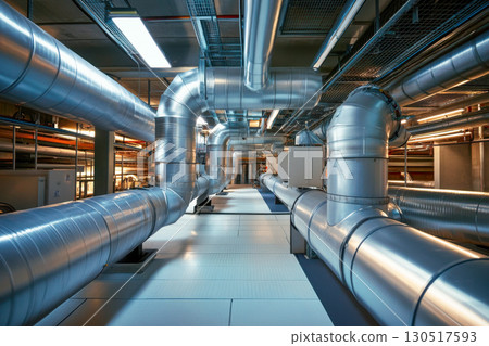 Shiny silver industrial pipes for heating and cooling extend through a modern facility. Detailed interior view of complex insulated energy infrastructure with bright lights. 130517593