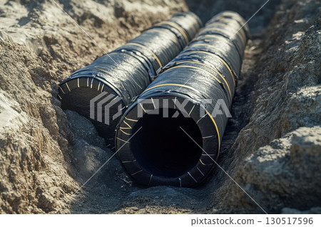 New black insulated utility pipes laid in a narrow earth trench on a sunny construction site. Essential infrastructure for underground energy or water supply. 130517596