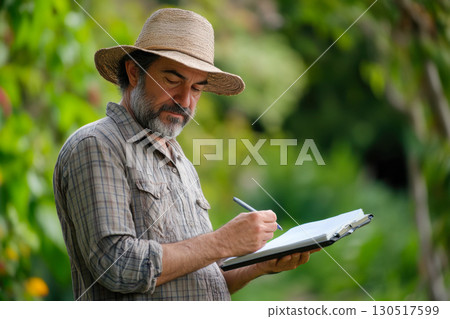 Bearded man wearing straw hat and checkered shirt records important notes on a clipboard outdoors. Lush green natural landscape. 130517599
