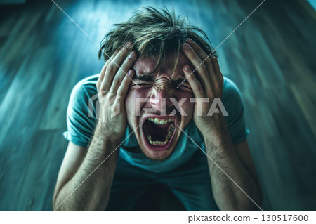 Adult person screaming loudly, clutching head with hands, eyes shut tight, experiencing extreme pain, severe stress, anxiety, dramatic emotional breakdown, dark. Adult person screaming loudly, clutching head with hands, eyes shut tight, experiencing extreme pain, severe stress, anxiety, dramatic emotional breakdown, dark. 130517600