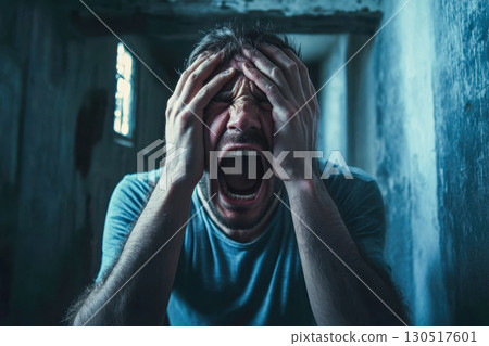 Desperate man screams, hands clutching his head in a dark, confined corridor. Intense fear, anxiety, and mental pain showing despair. Desperate man screams, hands clutching his head in a dark, confined corridor. Intense fear, anxiety, and mental pain showing despair. 130517601