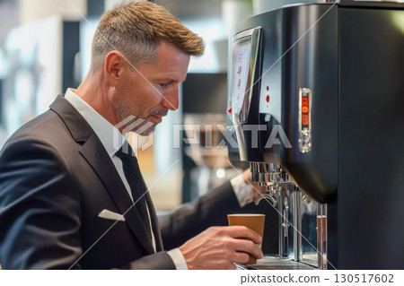 Focused mature businessman in a professional suit preparing fresh coffee from a modern automatic machine, holding a paper cup during an office break. 130517602