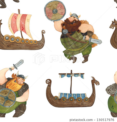 Seamless pattern with cheerful vikings with shields and swords among ships. Watercolor illustration, hand drawn, cartoon. Drawing for postcard, invitation, medieval, scandinavian, birthday 130517976