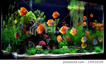 Close up of colorful tropical fish swimming among corals in a clear aquarium vibrant underwater environment Close up of colorful tropical fish swimming among corals in a clear aquarium vibrant underwater environment 130518195