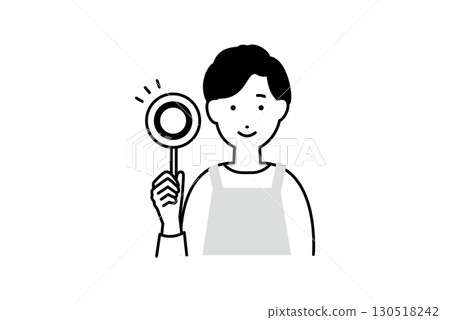 Illustration of a male househusband wearing an apron cooking with a correct answer card, monochrome, one color 130518242