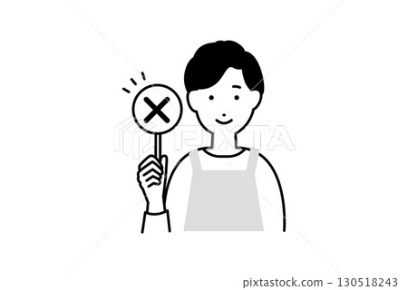 Illustration of a male househusband wearing an apron cooking with a wrong mark, monochrome, one color Illustration of a male househusband wearing an apron cooking with a wrong mark, monochrome, one color 130518243
