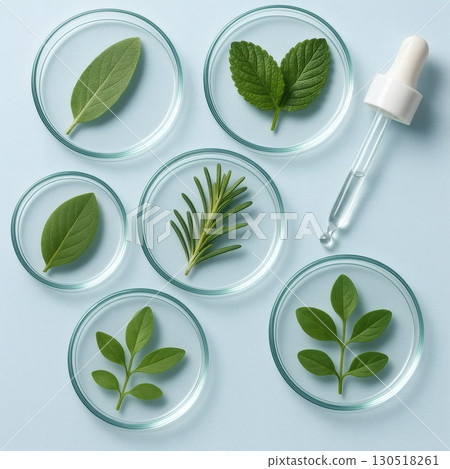 Glass petri dish with green herbs and dropper. Concept of natural skin care ingredients 130518261