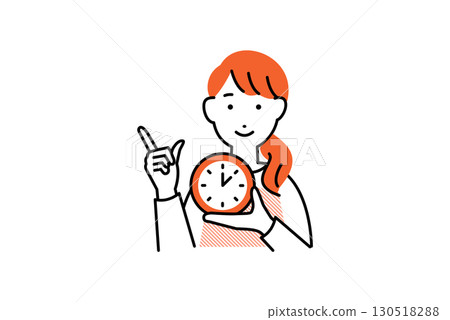 一位女士穿著圍裙，一邊做菜一邊看鐘的插圖 130518288