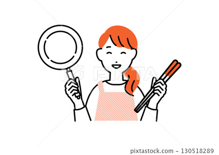 一位穿著圍裙、用煎鍋和筷子做飯的女人的插圖 一位穿著圍裙、用煎鍋和筷子做飯的女人的插圖 130518289