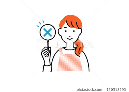 Illustration of a woman wearing an apron cooking with a cross for a mistake Illustration of a woman wearing an apron cooking with a cross for a mistake 130518293