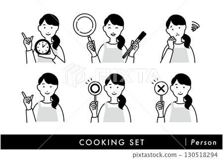 Illustration set of a woman wearing an apron cooking, monochrome, 1 color Illustration set of a woman wearing an apron cooking, monochrome, 1 color 130518294