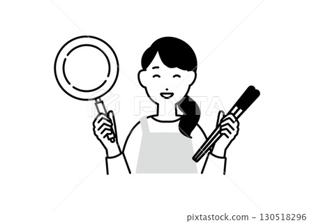 一位穿著圍裙、用煎鍋和筷子做飯的女人的插圖，單色，一種顏色 130518296