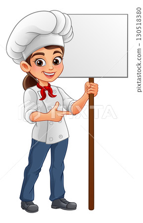 Cartoon Chef Woman Holding Sign and Pointing 130518380