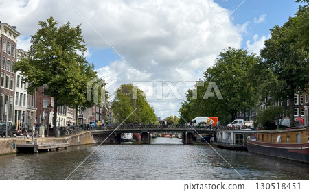 Beautiful Canal View in Amsterdam With Bridges and Lush Trees 130518451