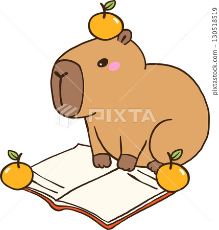 Cute Capybara Reading Book with oranges, Animal Bookish Cartoon Hand Drawn 130518519