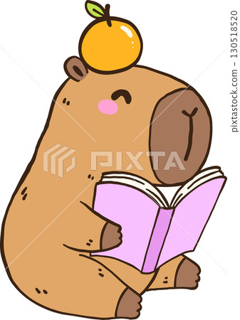 Cute Capybara Reading Book with Orange on Head, Happy Animal Bookish Cartoon Hand Drawn 130518520