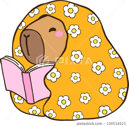 Cute Capybara Reading Book under Floral blanket, Animal Bookish Cartoon Hand Drawn 130518521