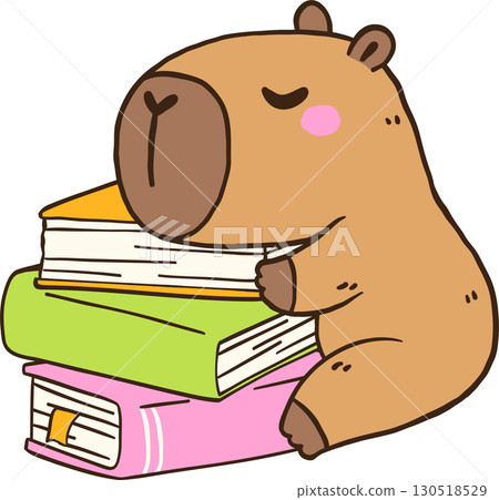 Bookish Capybara Sleeping on Books, Animal Reading Cartoon Hand Drawn Bookish Capybara Sleeping on Books, Animal Reading Cartoon Hand Drawn 130518529