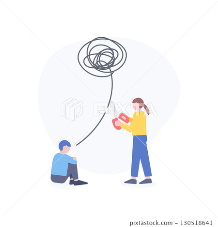 一個沮喪的男人和一個拿著剪刀的女人 一個沮喪的男人和一個拿著剪刀的女人 130518641