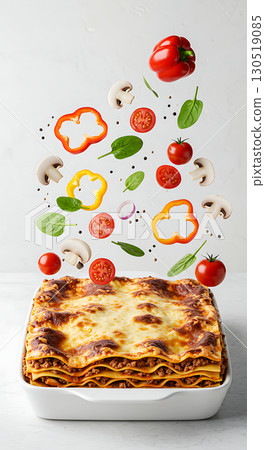 Lasagna dish with melted cheese in white baking tray, surrounded by floating ingredients like tomatoes, bell peppers, spinach, mushrooms, spices, and onions on a light surface 130519085