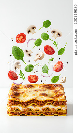 Layered pasta with melted cheese and browned top, garnished with floating mushrooms, tomatoes, spinach leaves, onion slices, and small sprigs of herbs create a dynamic visual effect 130519086