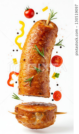 Golden brown roasted meat kebab on skewers with rosemary, surrounded by cherry tomatoes, bell pepper slices, herbs, and spices, creating a vibrant floating composition 130519097