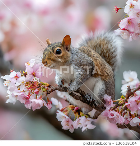Beautiful nature portrait of squirrels and flowers blooming in cherry blossom season 130519104