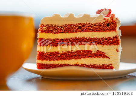 Homemade cake Red Velvet decorated with cream. Homemade cake Red Velvet decorated with cream. 130519108