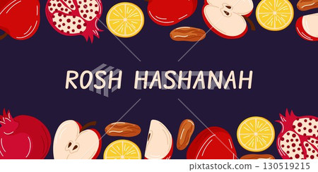 Border frame for Rosh Hashanah holiday with text message. Traditional background food for Jewish New Year apple, pomegranate, lemon dates on dark background in flat style. 130519215