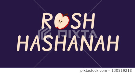 Rosh Hashanah holiday greeting with halved apple in festive text on dark background in flat style. Rosh Hashanah holiday greeting with halved apple in festive text on dark background in flat style. 130519218