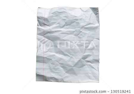 Wrinkled lined school notebook sheet with visible creases, blue horizontal lines on white background, isolated paper texture for notes, writing, scrapbooking, and projects. 130519241