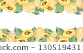 Watercolor fruit seamless border. Apricot, apricot half, leaves. Beautiful hand drawn illustration isolated on white background. Suitable for design, print, for postcards. 130519431