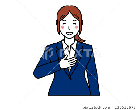 海軍藍套裝。一位女士手摀胸口說:「交給我。」第二部分 海軍藍套裝。一位女士手摀胸口說:「交給我。」第二部分 130519675