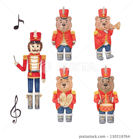 Set with nutcracker conductor and bears musicians in red uniforms playing trumpet, drum and cymbals, with music notes. Watercolor illustration holiday. Suitable for books, posters, festive decor. Set with nutcracker conductor and bears musicians in red uniforms playing trumpet, drum and cymbals, with music notes. Watercolor illustration holiday. Suitable for books, posters, festive decor. 130519764