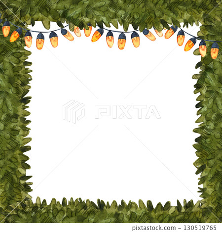 Square frame made of green fir branches with orange Christmas lights on top. Watercolor illustration botany. Suitable for children books, postcards, poster, invitations, festive decor, holiday design. 130519765