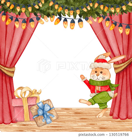 Christmas scene with red curtains, green garland and lights, rabbit in Santa hat and scarf, and gift boxes. Watercolor illustration holiday. Suitable for postcards, poster, invitation, festive design. 130519766