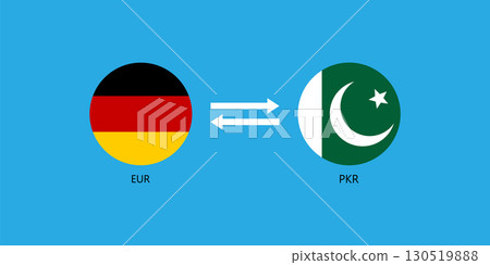 German Euro to Pakistani Rupee Exchange Illustration with German and Pakistani Round Flags Icon. 130519888