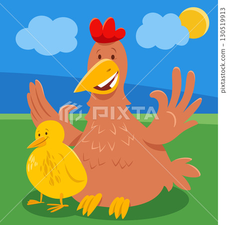 happy cartoon hen farm animal character with little chick 130519913