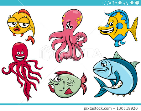 funny cartoon sea life or marine animal characters set 130519920