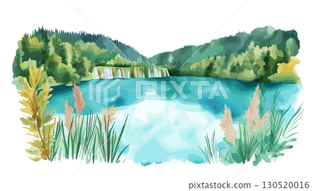 Plitvice Lakes National Park. Plitvice Lakes National Park watercolor vector illustration 130520016