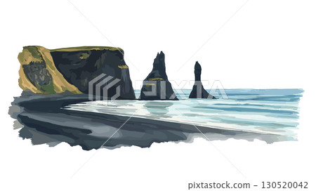 Reynisfjara Black Sand Beach. Reynisfjara Black Sand Beach watercolor vector illustration Reynisfjara Black Sand Beach. Reynisfjara Black Sand Beach watercolor vector illustration 130520042