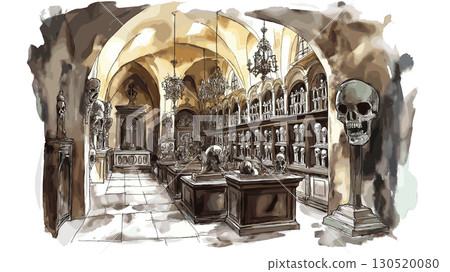 Sedlec Ossuary. Sedlec Ossuary watercolor vector illustration 130520080